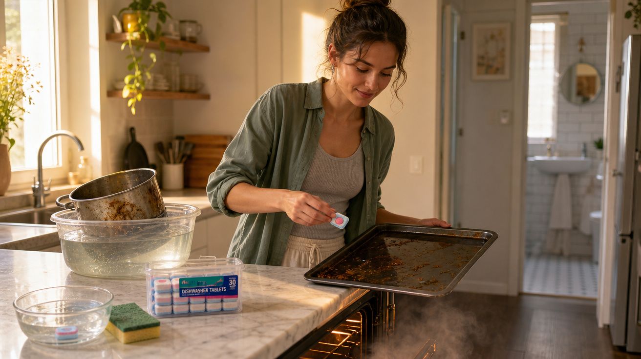 Mulher a colocar pastilha de máquina de lavar loiça num tabuleiro sujo numa cozinha moderna e iluminada.