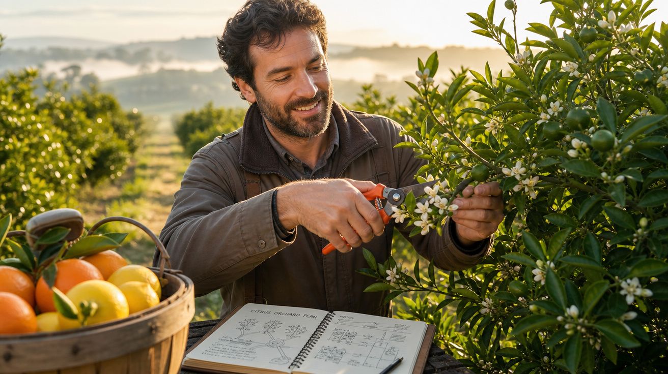 Homem a podar flores de laranjeira numa plantação, com cesta de frutas e livro de anotações.