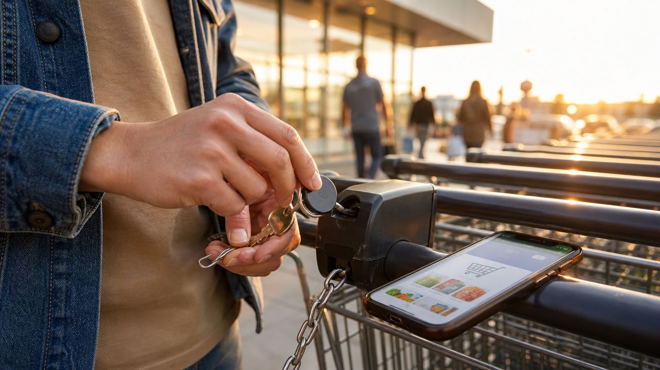 Pessoa a inserir ficha num carrinho de compras num parque de estacionamento de supermercado ao pôr do sol.