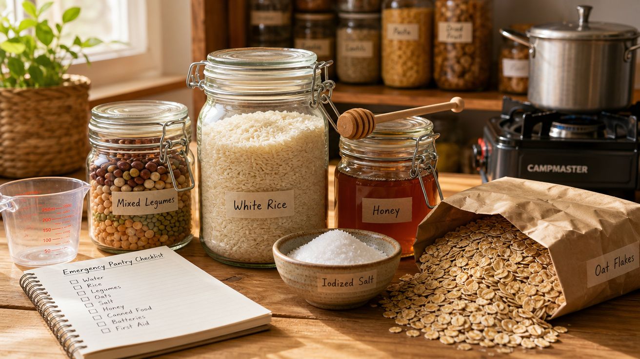 Frascos de vidro com arroz, legumes, mel, flocos de aveia e sal junto a lista de emergência na cozinha.