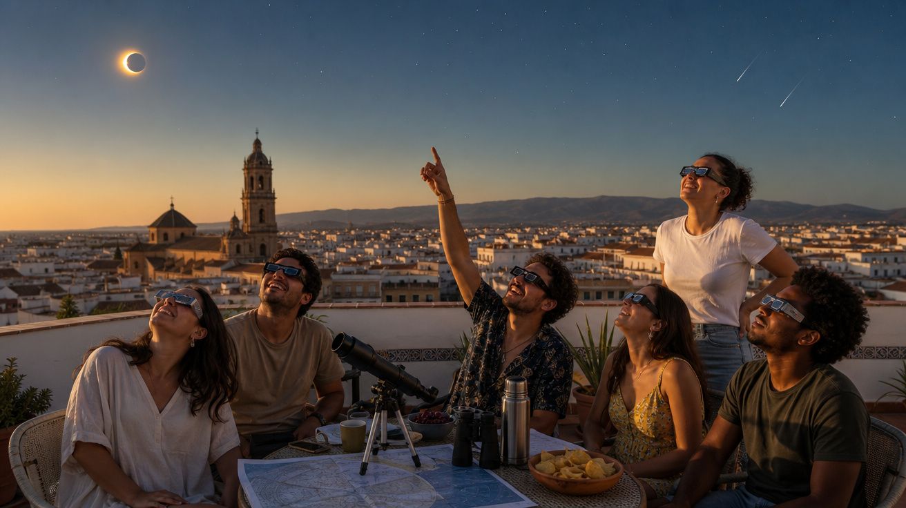 Grupo de pessoas a observar eclipse solar com óculos especiais numa cidade ao pôr do sol.