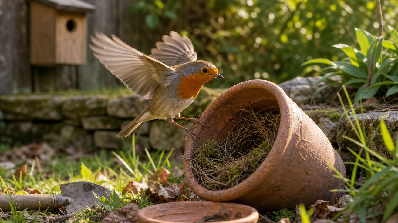 Pardal de voo pousando num vaso de barro com um ninho no jardim ensolarado.