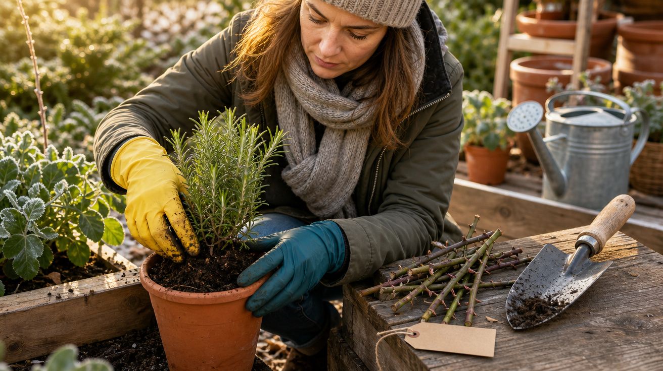 Mulher a transplantar planta aromática para vaso em estufa, com luvas e roupa quente, ao amanhecer.