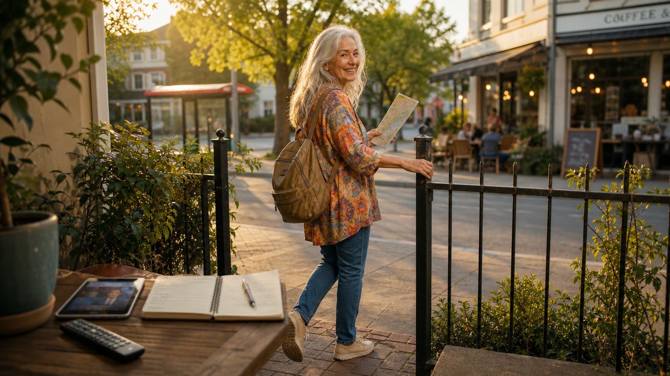 Mulher com mochila e mapa sorrindo ao sair de café numa rua soalheira com árvores e pessoas ao fundo.