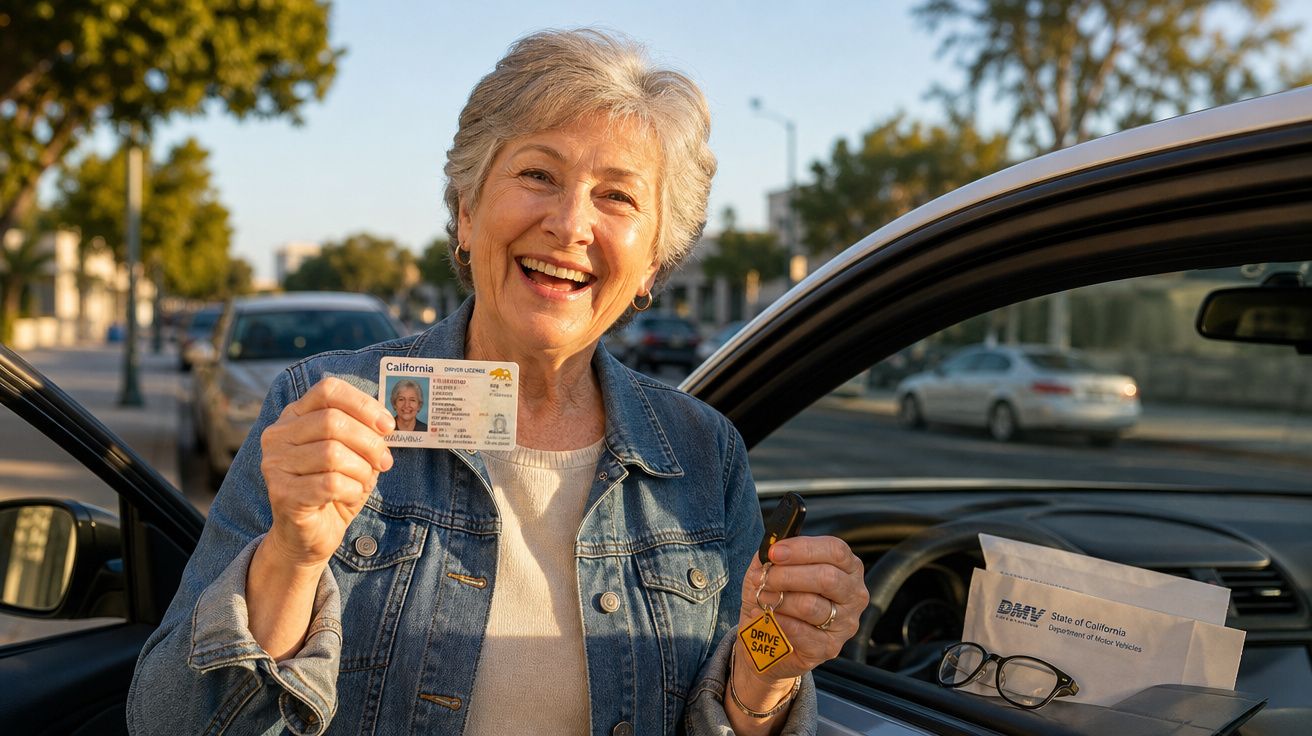 Mulher sorridente mostrando carta de condução da Califórnia junto a uma viatura estacionada ao pôr do sol.