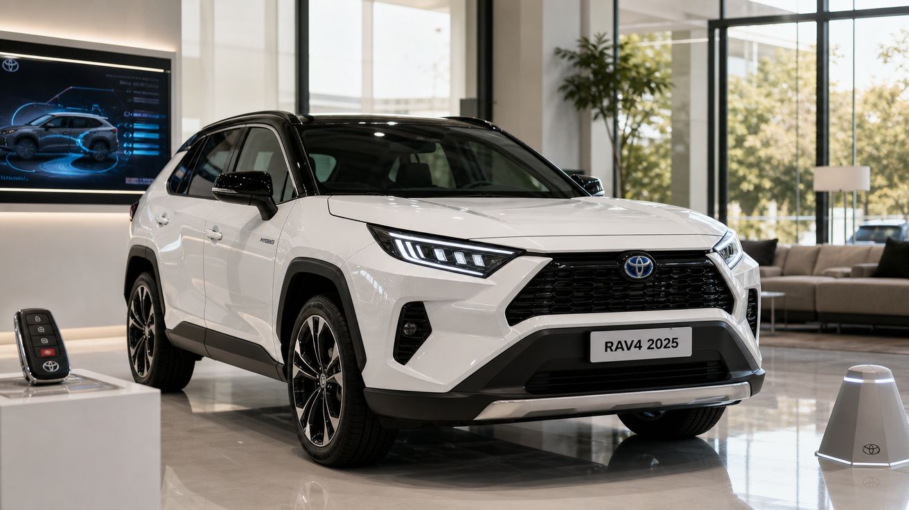 Toyota RAV4 2025 branco em exposição numa sala de estar moderna com sofá e janelas grandes.