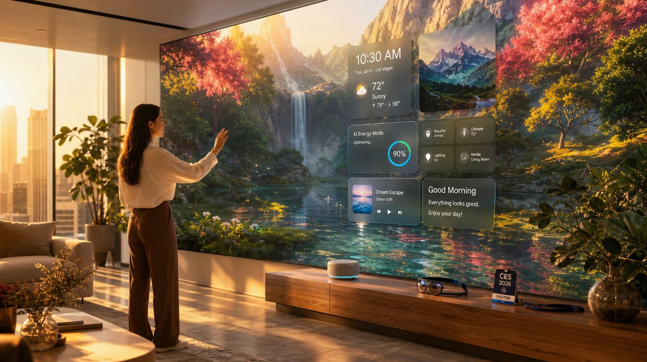 Mulher interage com ecrã digital gigante com paisagem natural e widgets de informações em sala moderna.