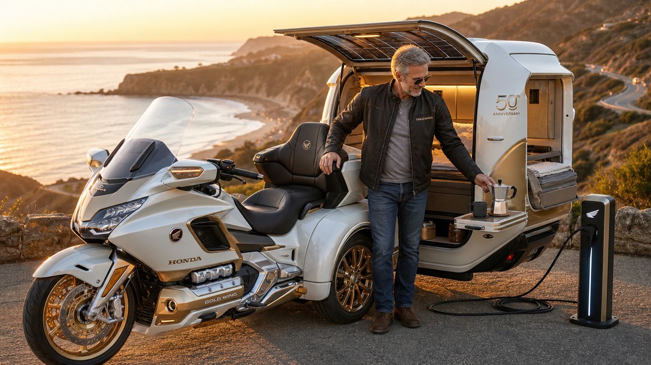 Homem a preparar café junto a mota Honda Gold Wing com atrelado de campismo na paisagem costeira ao pôr do sol.