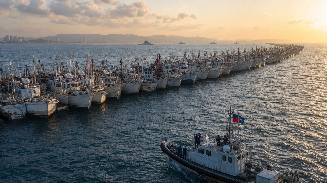 Frota numerosa de barcos de pesca alinhados no mar ao pôr do sol, com barco menor em primeiro plano.