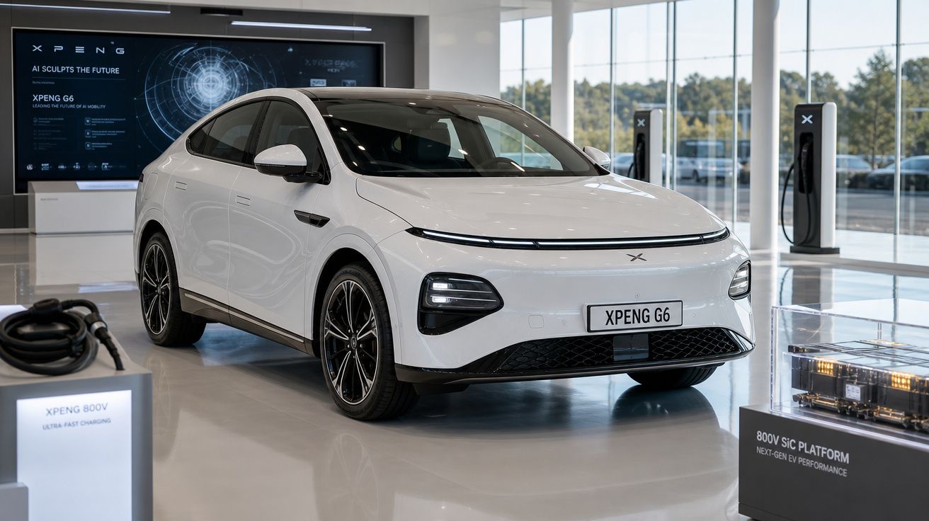 Carro eléctrico branco XPeng G6 exposto numa sala moderna com painéis informativos e estações de carregamento.