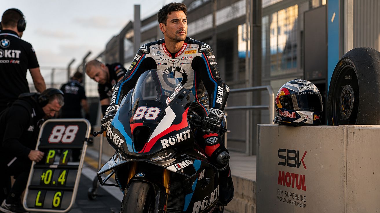 Piloto de moto BMW com fato de corrida, sentado em mota de corrida no pit lane durante competição SBK.