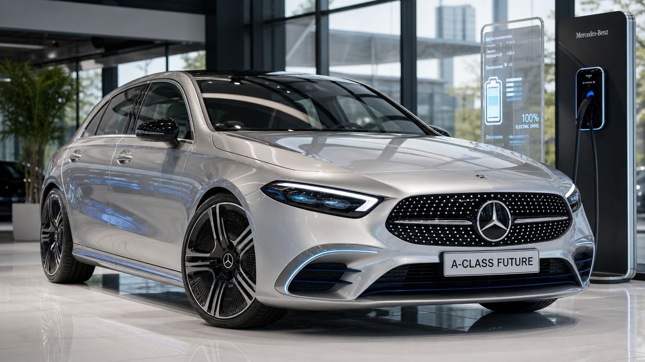 Carro eléctrico Mercedes-Benz Classe A prateado a carregar numa estação de carregamento interior moderna.
