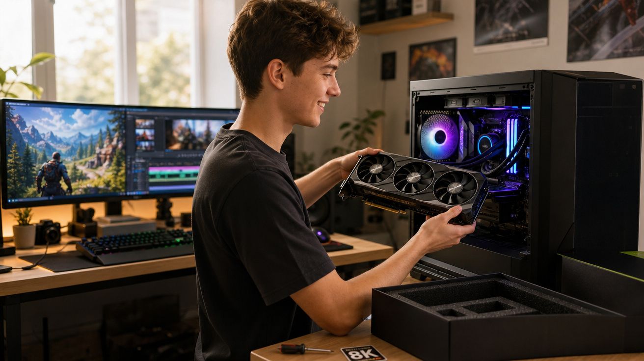 Jovem sorridente a instalar uma placa gráfica num computador de secretária numa divisão iluminada e decorada.