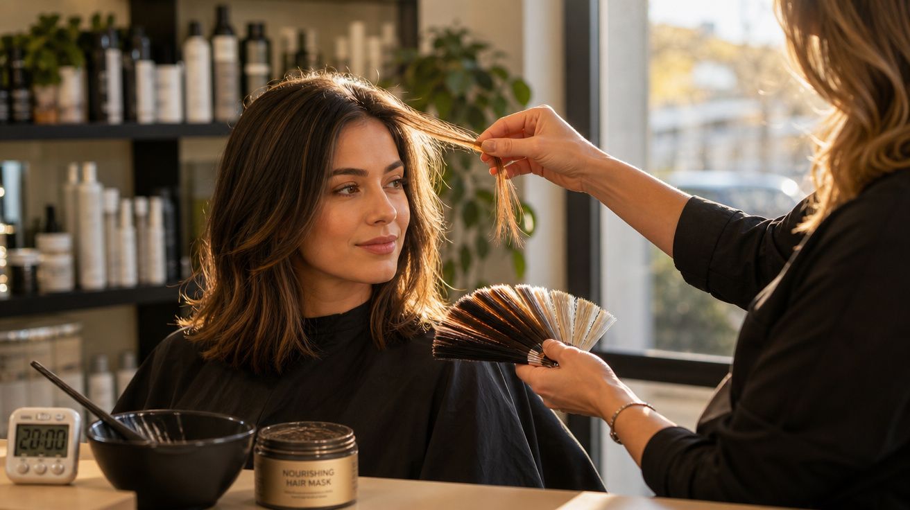 Mulher no cabeleireiro a escolher cor de cabelo com amostras, sentada a sorrir enquanto profissional aponta cabelo.