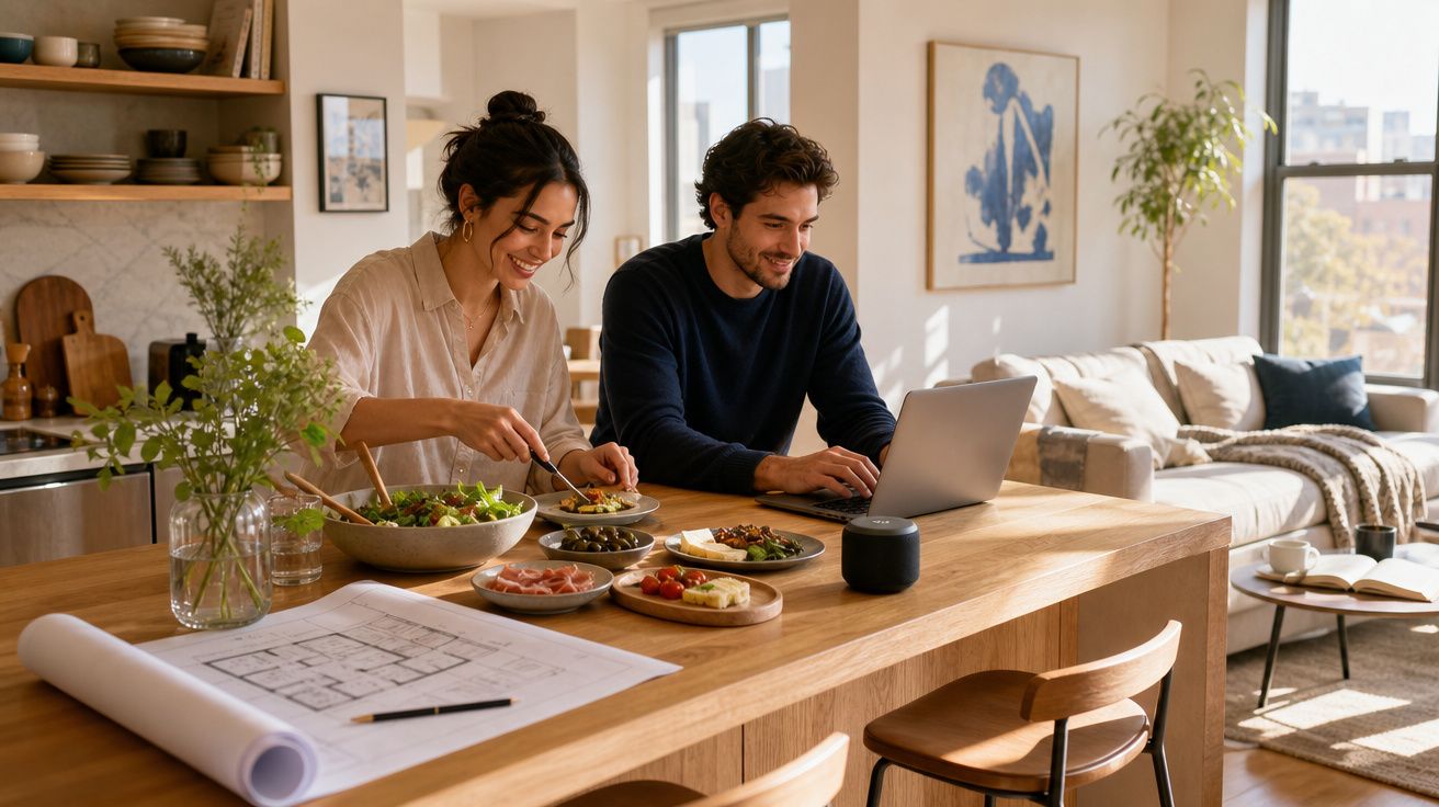 Casal jovem a preparar e comer refeição numa cozinha moderna, enquanto usa computador portátil.