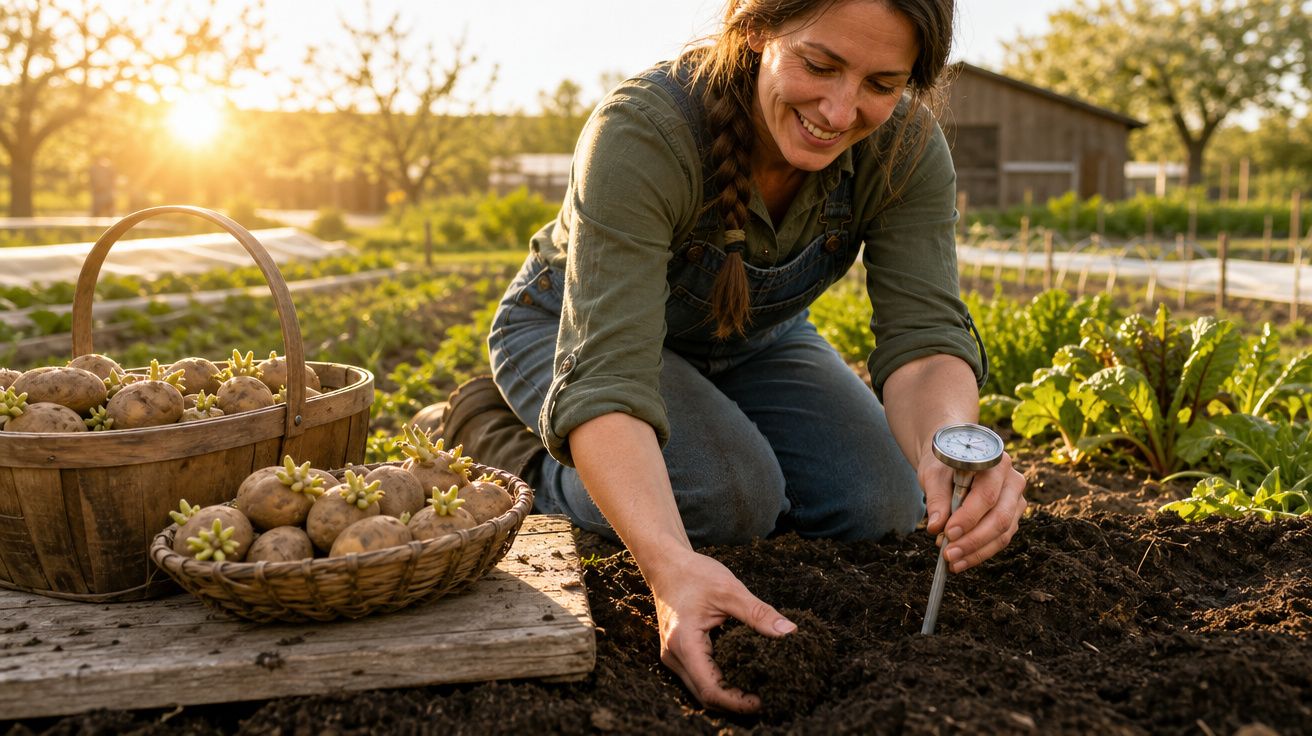 Mulher sorridente a medir a temperatura da terra numa horta ao pôr do sol, com batatas em cestos ao lado.