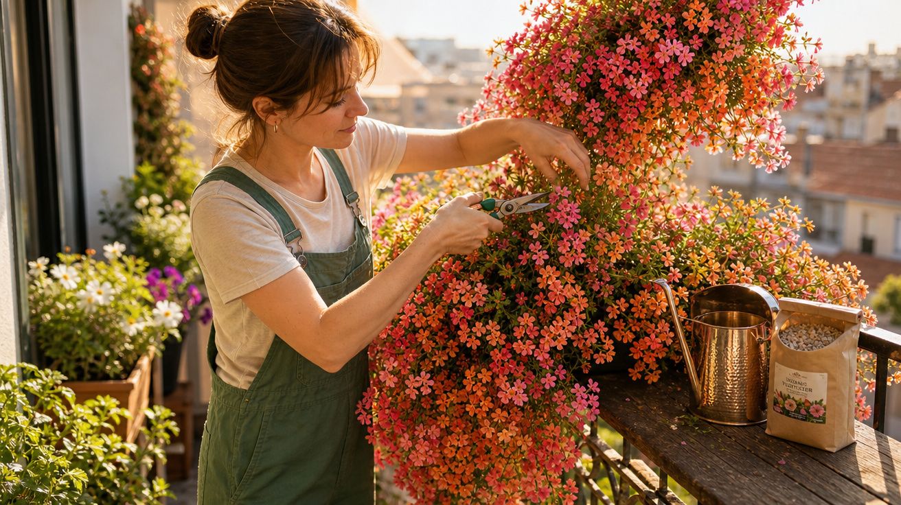 Mulher a cuidar de flores cor-de-rosa num terraço urbano ao pôr do sol.