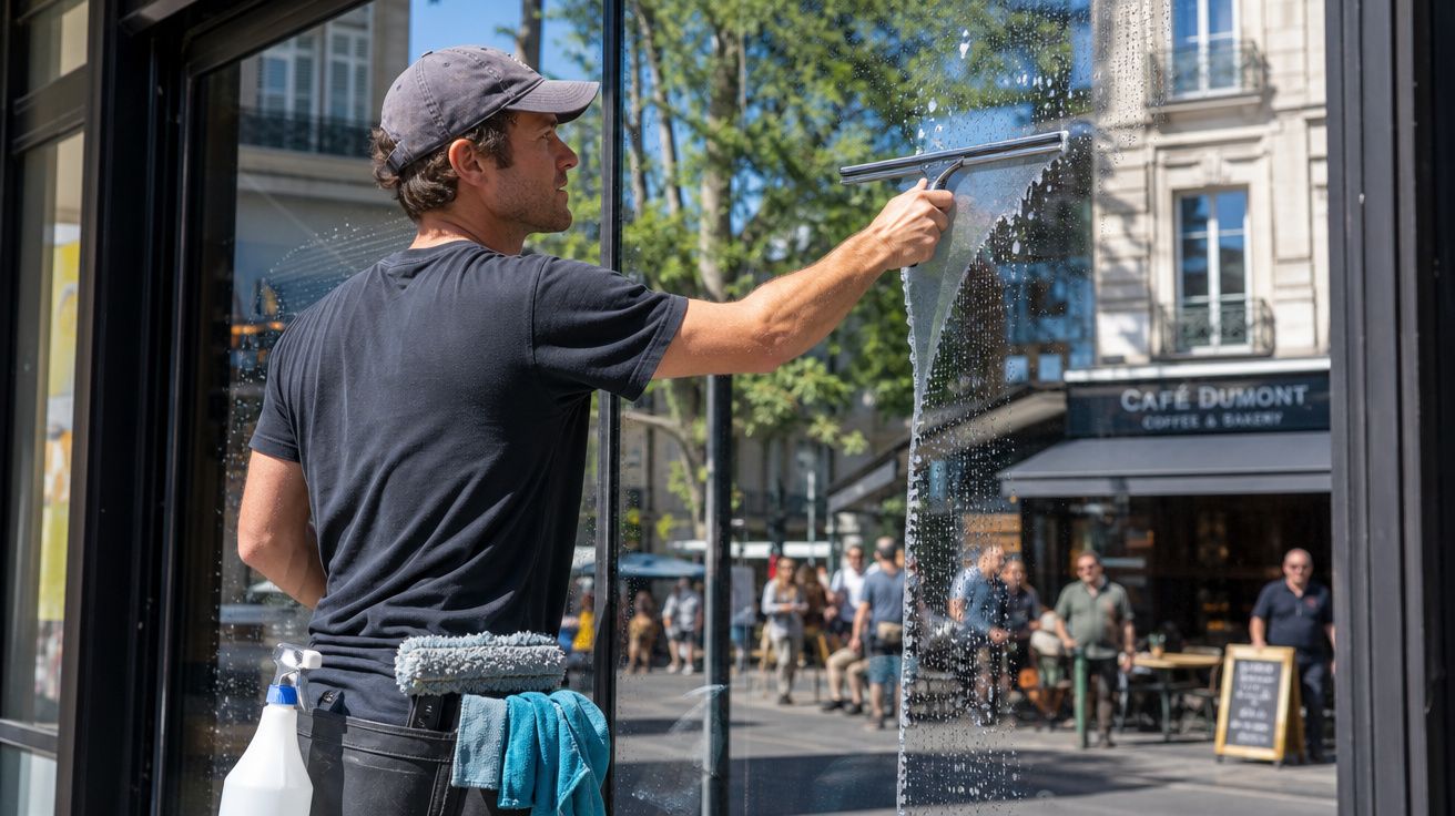 Homem a limpar uma janela grande de vidro num ambiente urbano, numa rua com cafés e pedestres ao fundo.