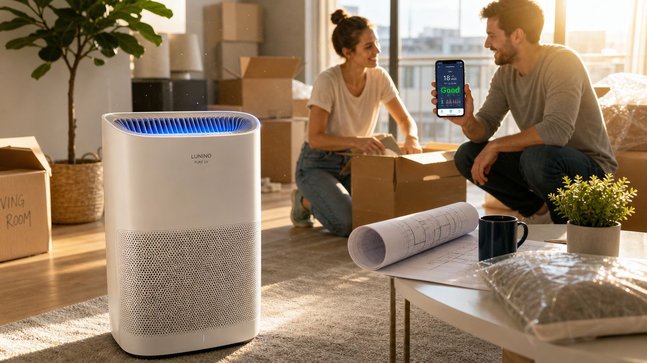 Purificador de ar branco ligado numa sala iluminada com casal a fazerem mudança e smartphone com app aberta.