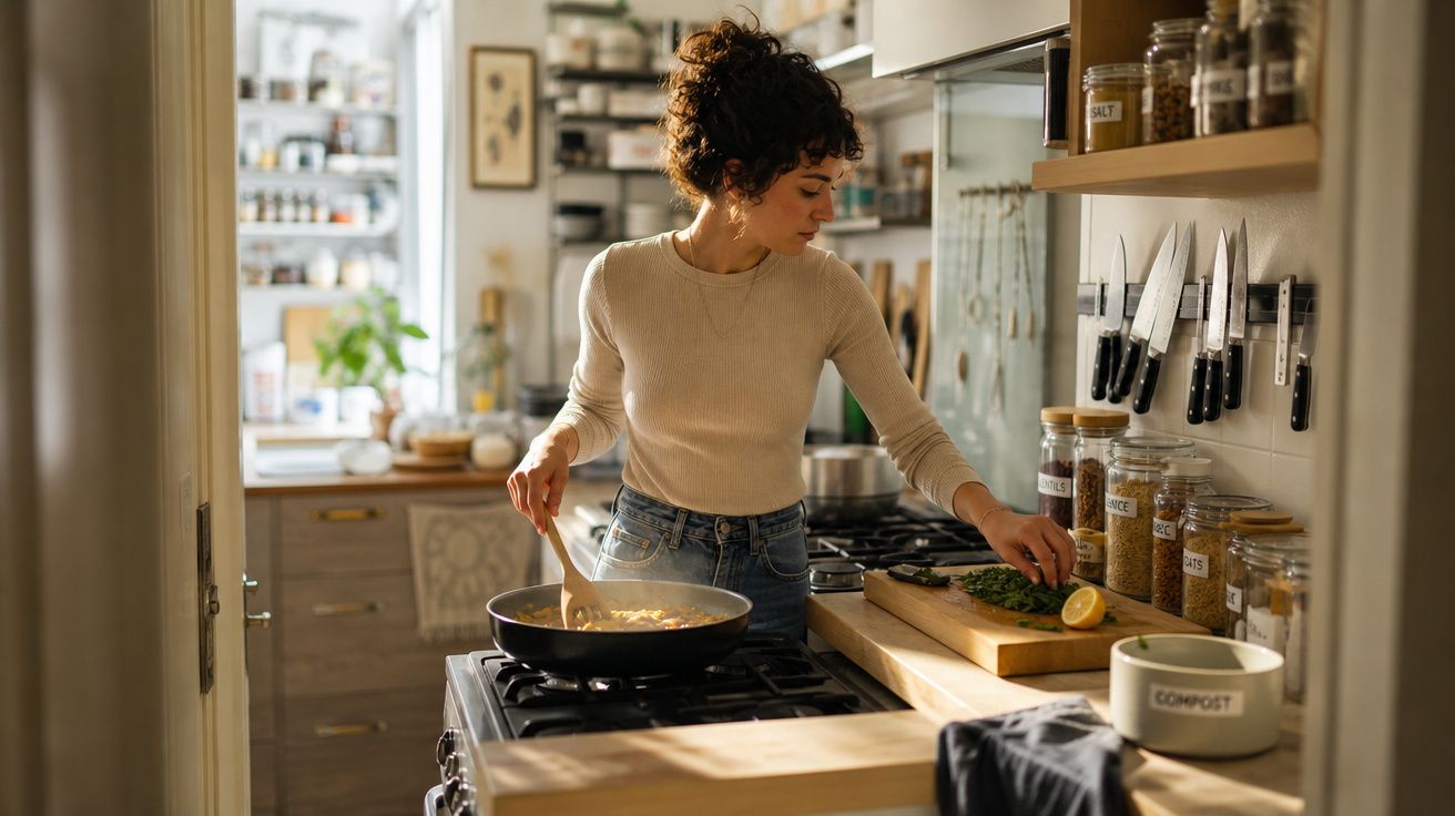 Mulher a cozinhar numa cozinha moderna, mexendo comida numa frigideira e a preparar ervas frescas.