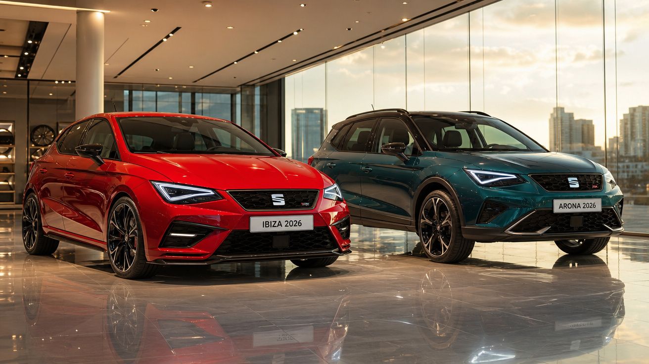 Dois carros SEAT 2026 em exposição, modelo Ibiza vermelho e Arona verde, em showroom moderno com vista urbana.