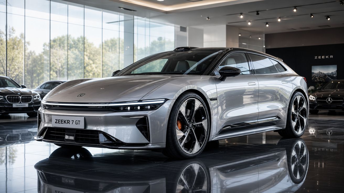 Carro elétrico Zeekr 7 GT cinzento brilhante exibido num salão moderno com chão refletor.