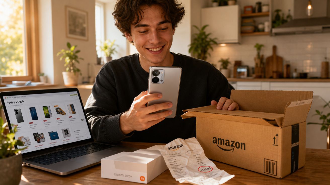 Jovem a documentar nova compra de smartphone Xiaomi em casa, com laptop e caixa da Amazon à frente.