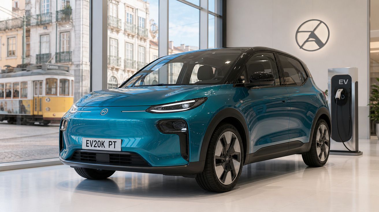 Carro elétrico azul exposto em showroom com estação de carregamento EV ao fundo.