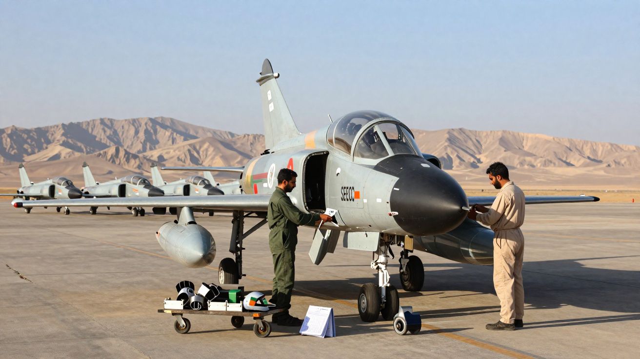 Dois militares inspecionam um avião de treino em pista deserta com montanhas ao fundo.