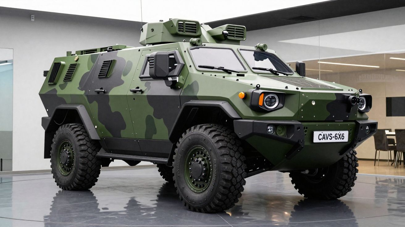 Veículo militar blindado camuflado verde exposto em ambiente interior moderno.