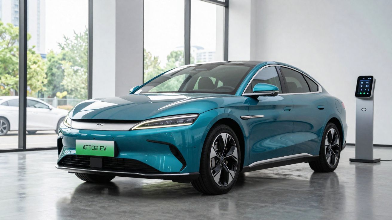 Carro elétrico azul ATTO 2 EV em exposição, junto a estação de carregamento numa sala iluminada.