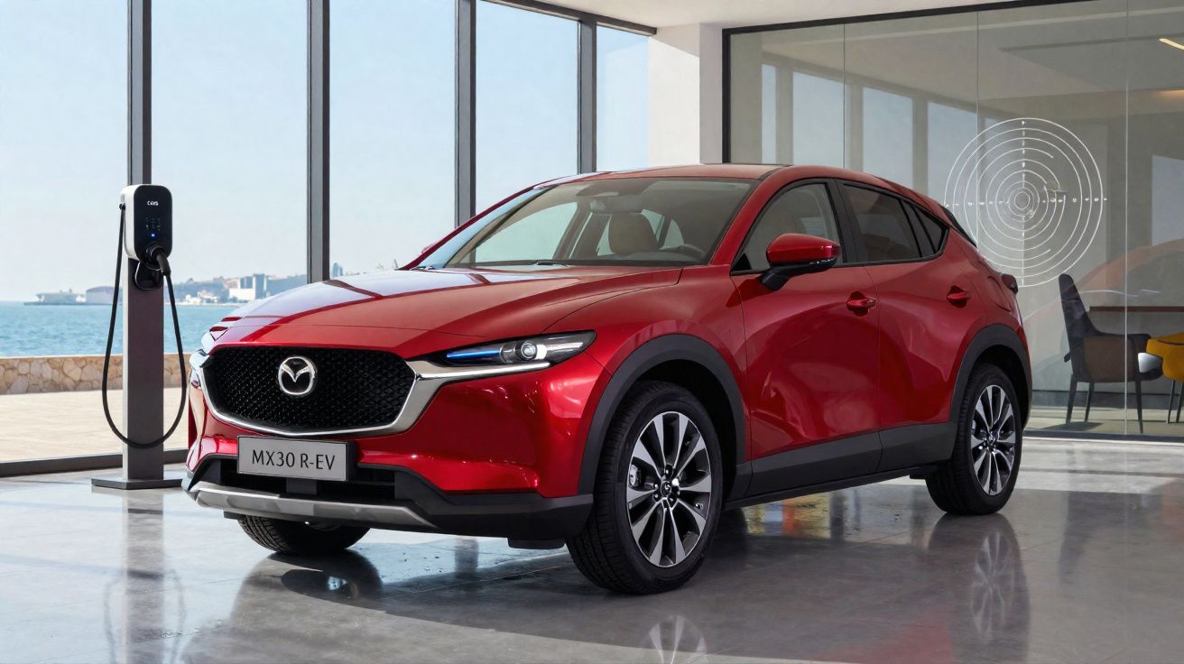 Carro elétrico Mazda MX-30 R-EV vermelho estacionado dentro de garagem moderna junto a posto de carregamento.