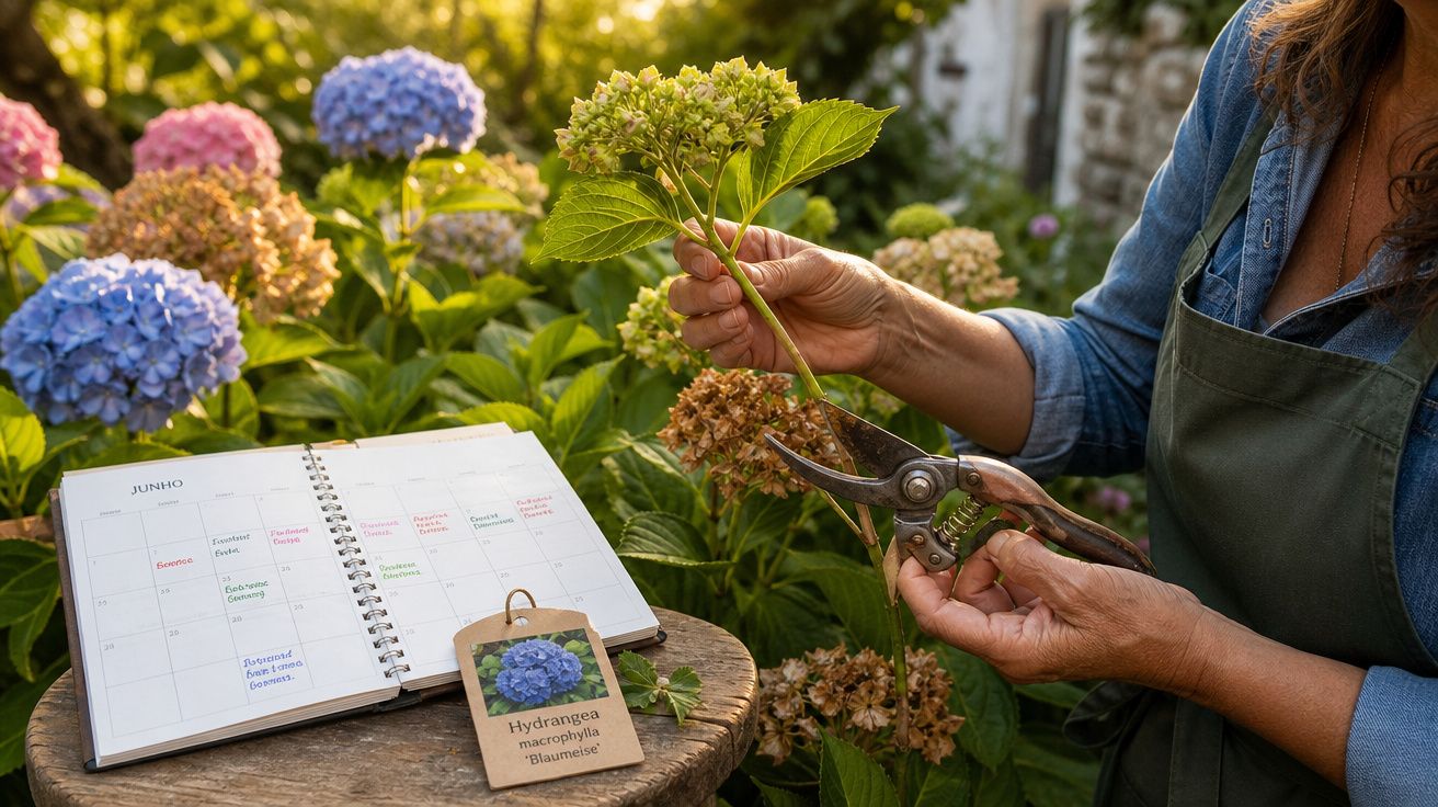 Pessoa a podar flores de hortênsia com tesoura de poda, ao lado de calendário aberto em junho.