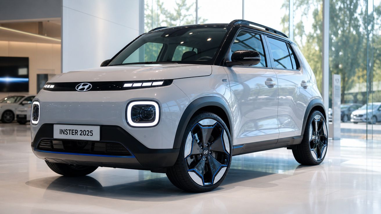 Carro elétrico Hyundai Inster 2025 branco em exposição numa loja moderna com vidros grandes.