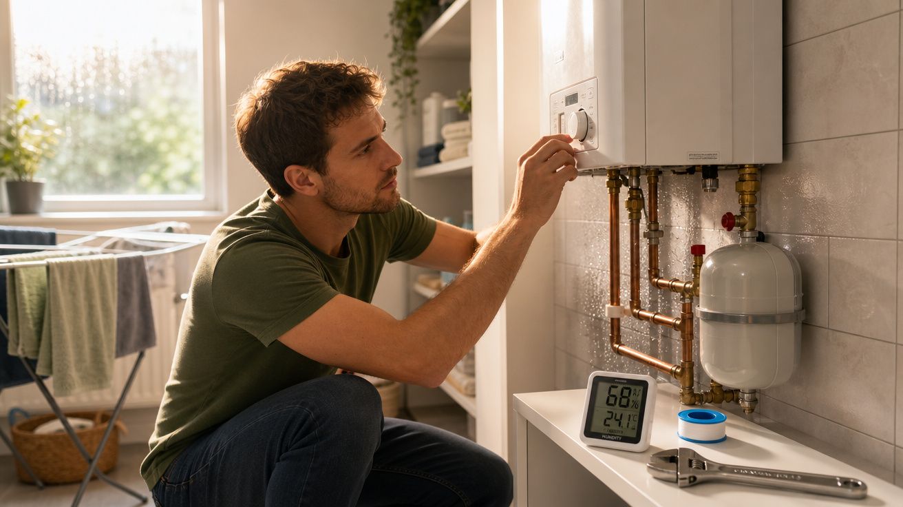 Homem ajusta termostato de esquentador numa casa com medidor de humidade e temperatura visível.