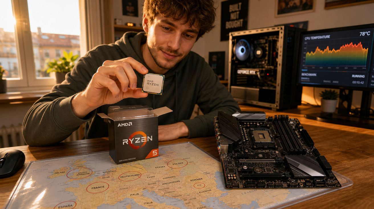 Homem mostra processador AMD Ryzen junto a motherboard e monitor com gráficos de temperatura CPU.
