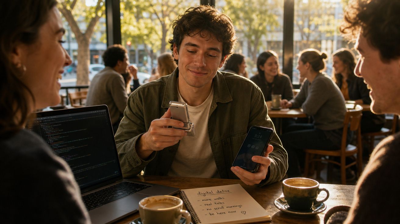 Jovem mostra dois telemóveis a amigos numa mesa de café com cadernos, computador e cafés.
