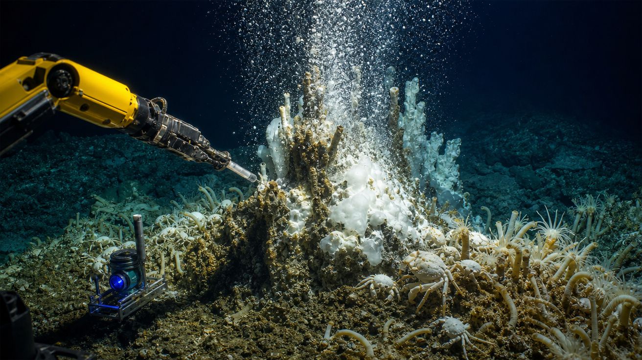 Braço robótico a recolher amostras junto a fontes hidrotermais no fundo do oceano rodeadas de vida marinha.