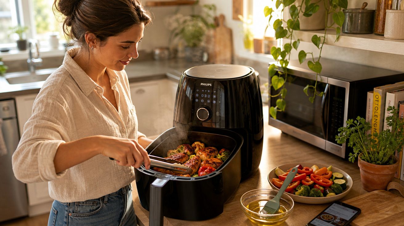 Mulher cozinha com frango e legumes numa fritadeira Philips numa cozinha moderna e iluminada.