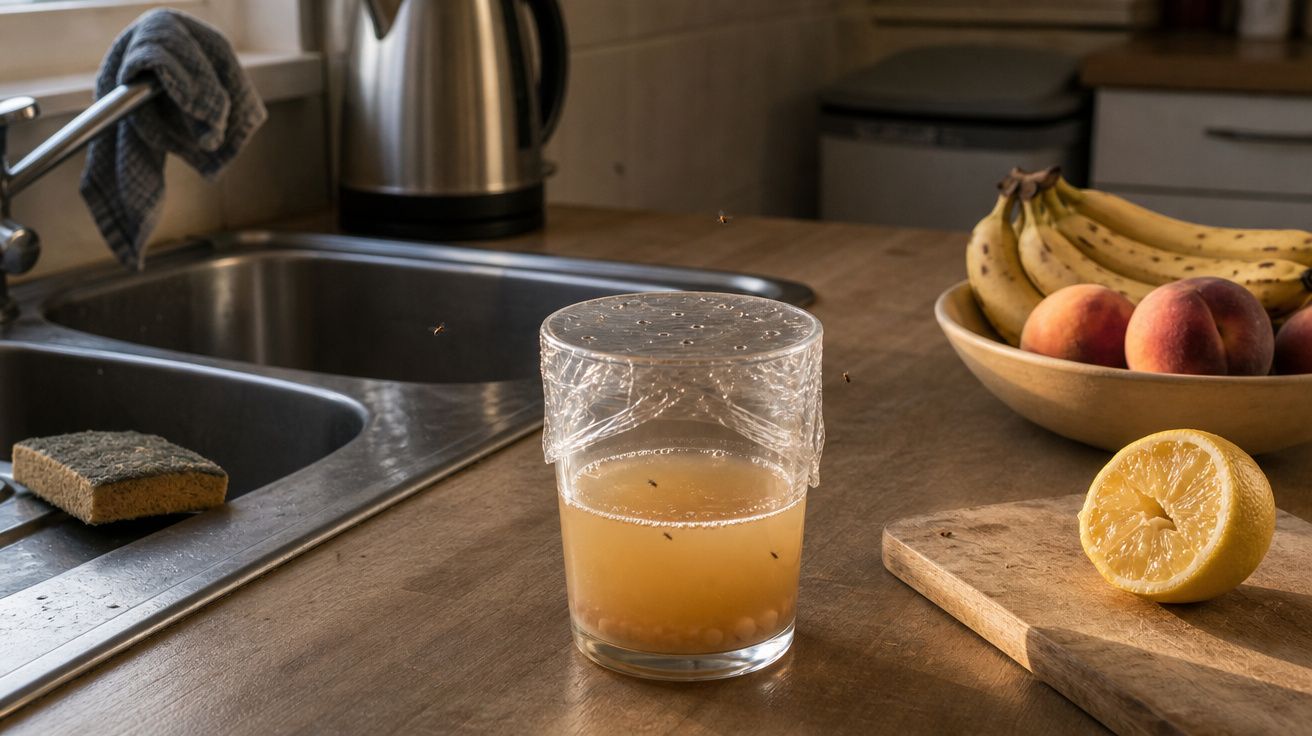 Copo com líquido coberto por plástico, frutas numa tigela, esponja e lava-loiça numa cozinha.