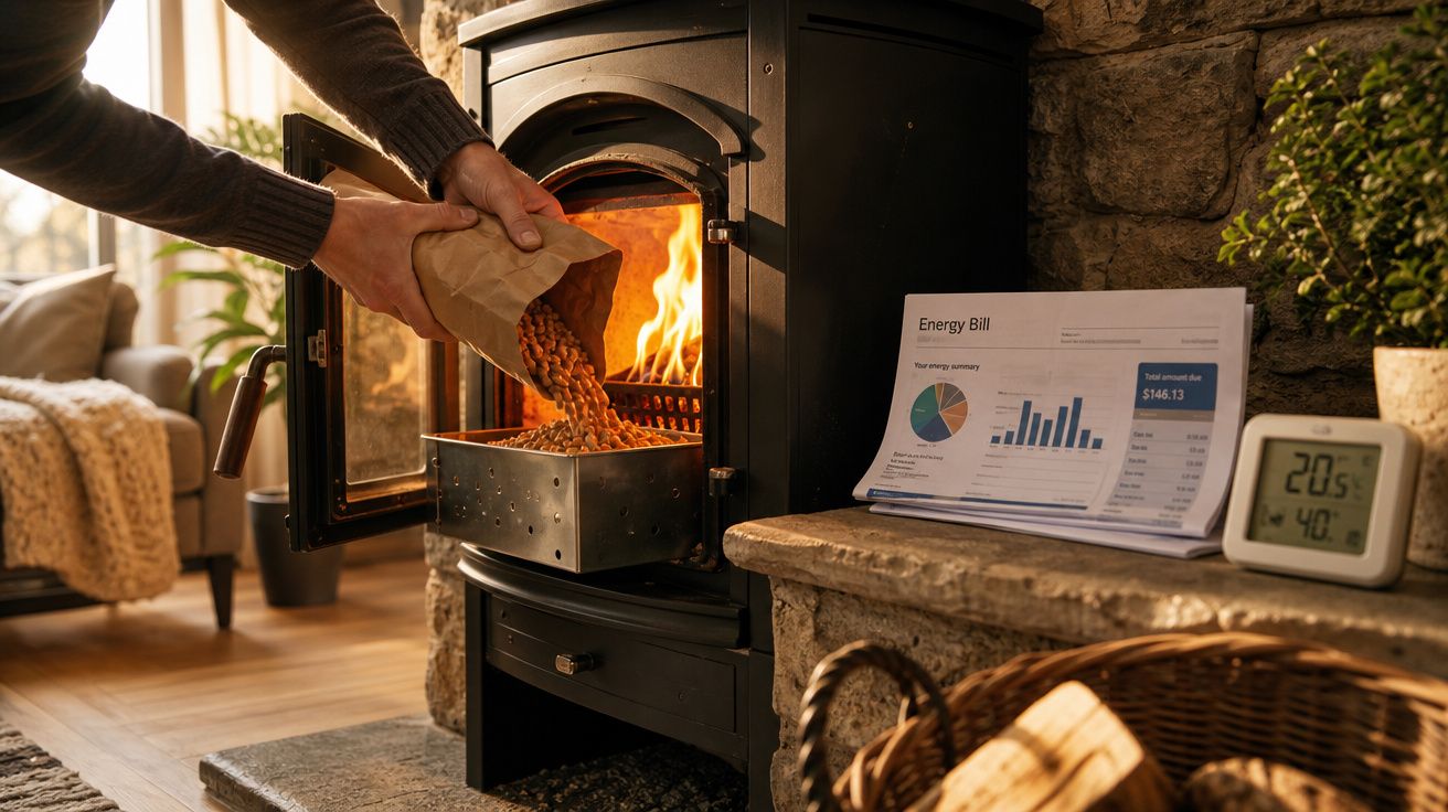 Mãos a colocar pellets na lareira a lenha num ambiente acolhedor com conta de energia e termómetro digital.