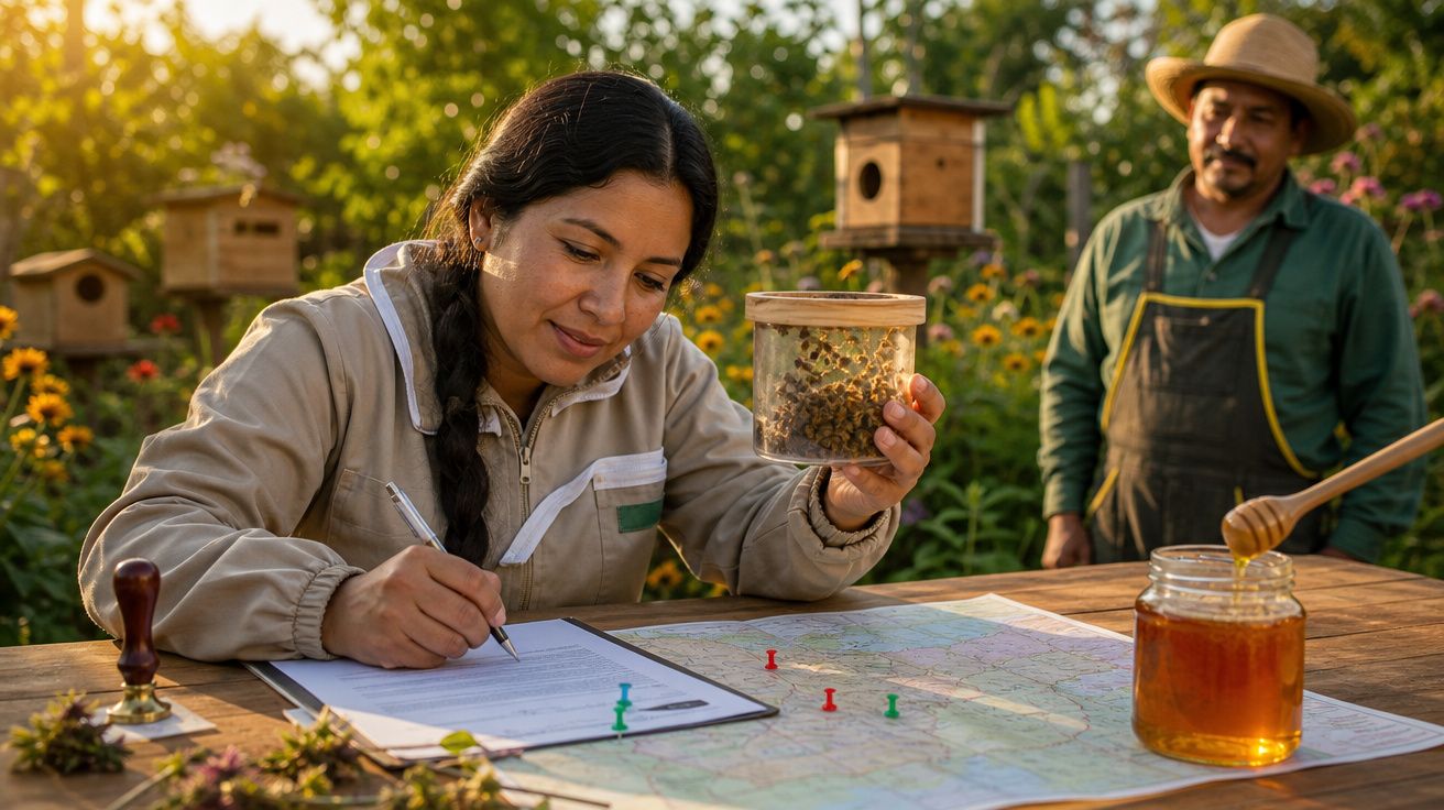 Mulher com fato de apicultora analisa abelhas em frasco enquanto escreve junto a mapa e frasco de mel.