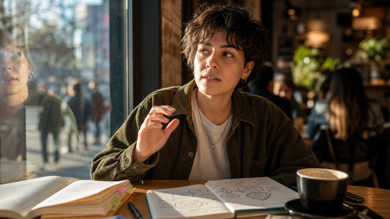 Pessoa sentada numa cafetaria com caderno aberto, a olhar para a janela enquanto fala.