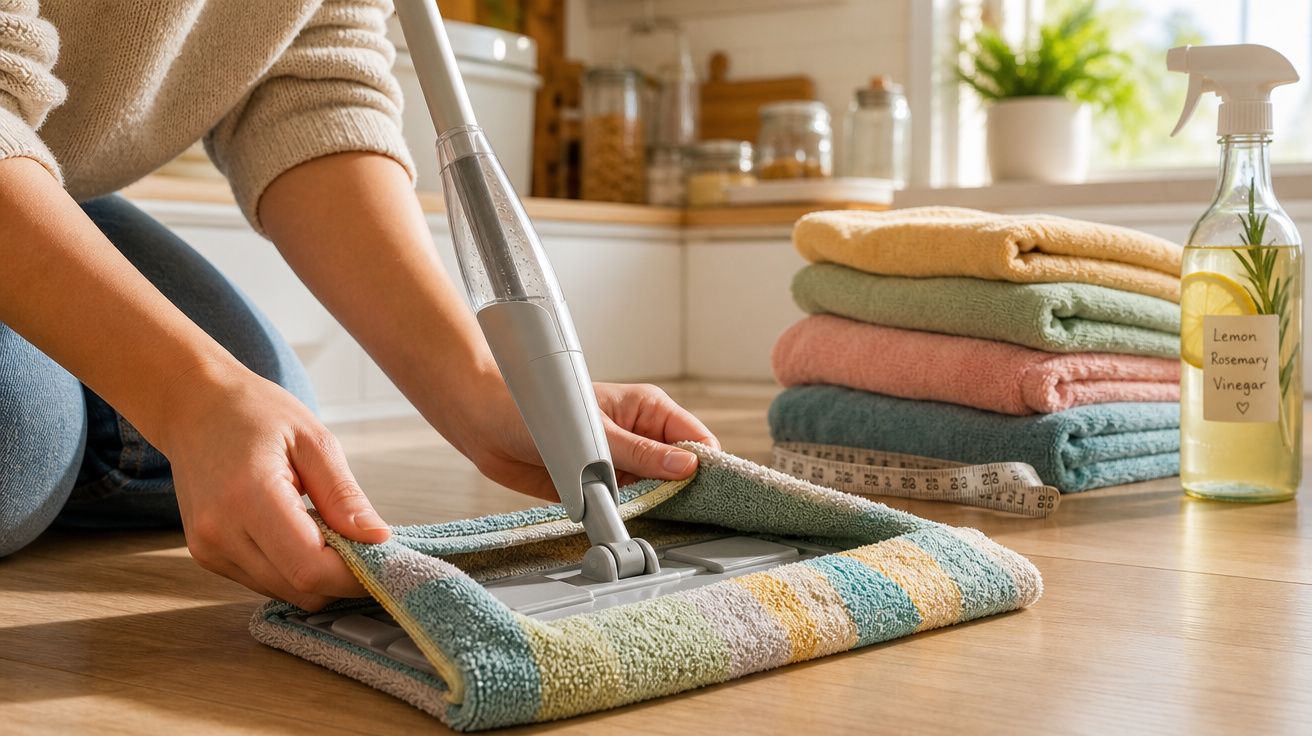 Pessoas a preparar esfregona com tira de microfibra para limpar chão em cozinha com panos dobrados.