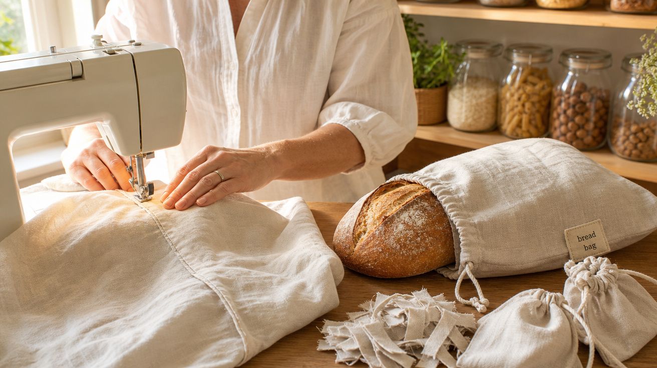 Pessoa a coser tecido bege numa máquina de costura, com pão e sacos de pano numa bancada de cozinha.