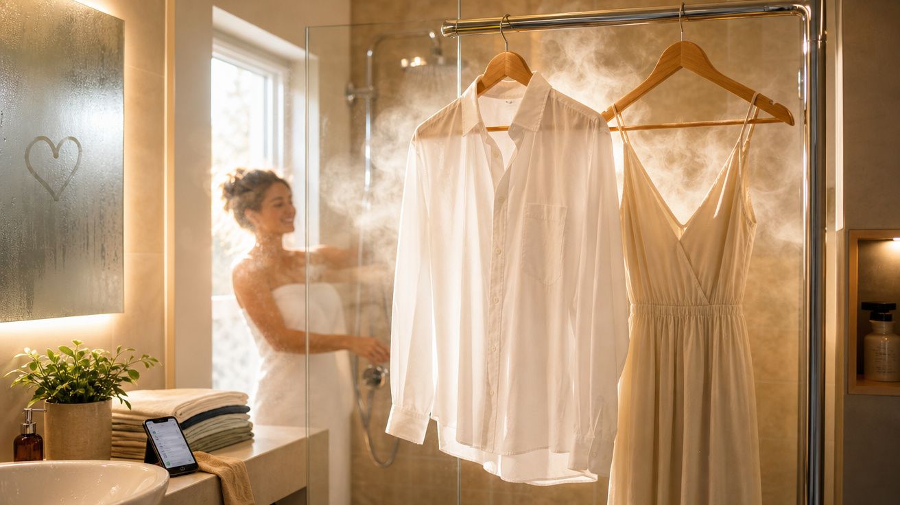 Camisa e vestido a secar no vapor do duche com mulher sorridente envolta em toalha.