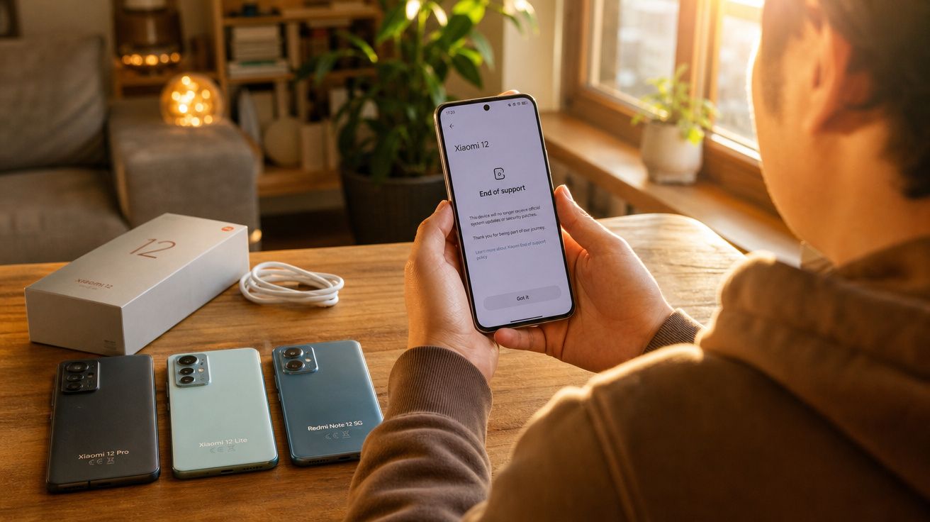 Pessoa a segurar telemóvel Xiaomi 12 com mensagem "End of support", à frente estão outros modelos Xiaomi e caixa.