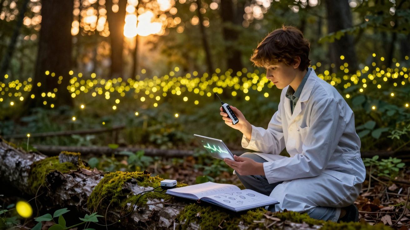 Menino com bata branca estuda ciência na floresta com dispositivo e caderno, ao pôr do sol.