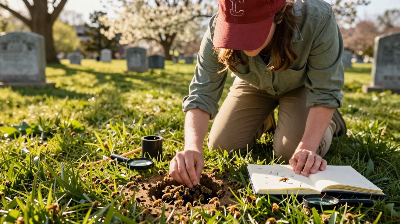 Pessoa a estudando um formigueiro ao ar livre com lupa e caderno num campo gramado.