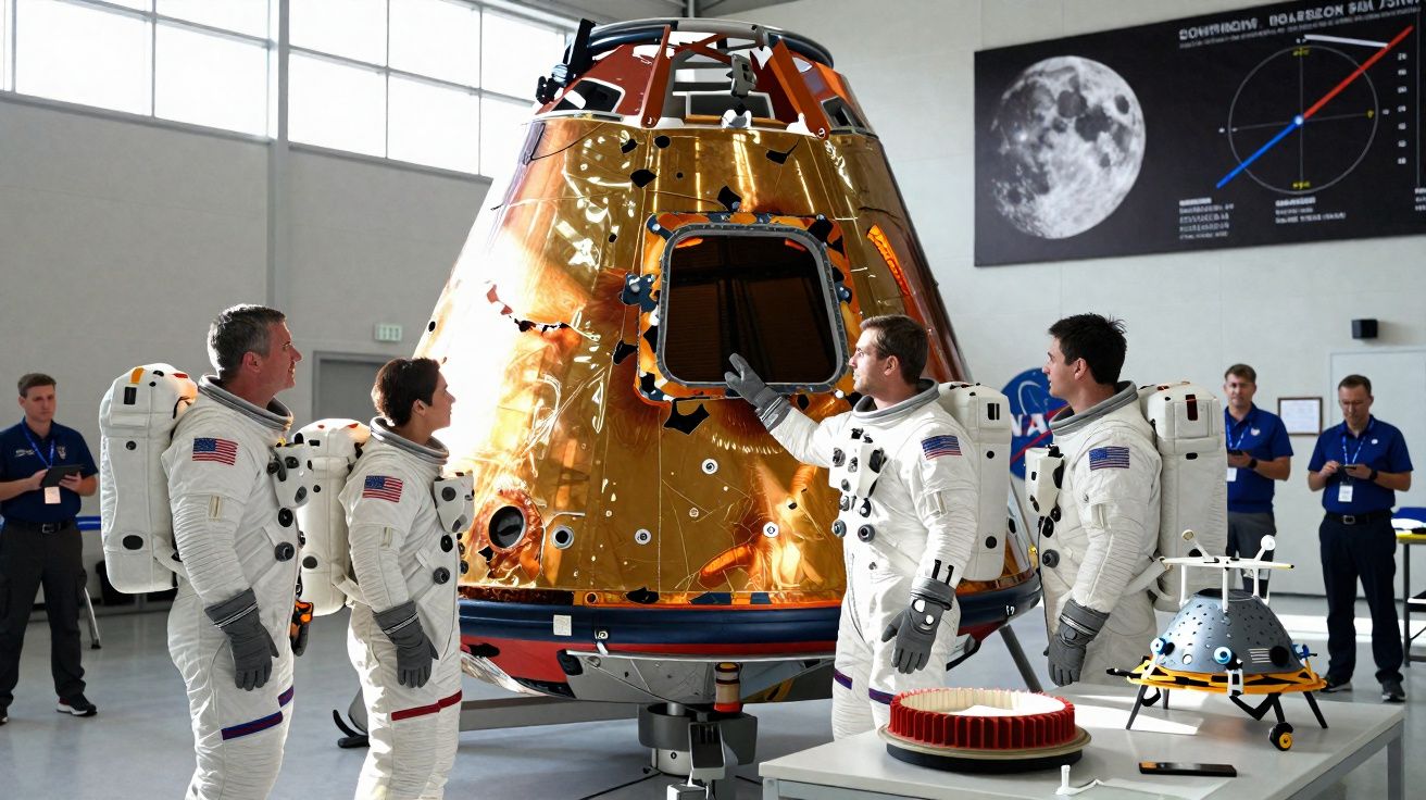 Quatro astronautas em fatos espaciais observam uma cápsula dourada num interior com pessoal ao fundo.